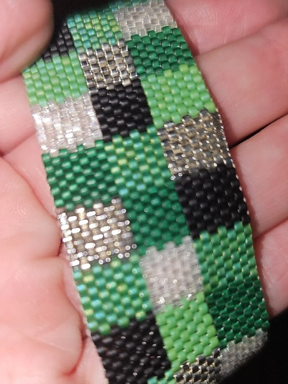 Green, Silver, and Black Handwoven Seed Bead Cuff Bracelet